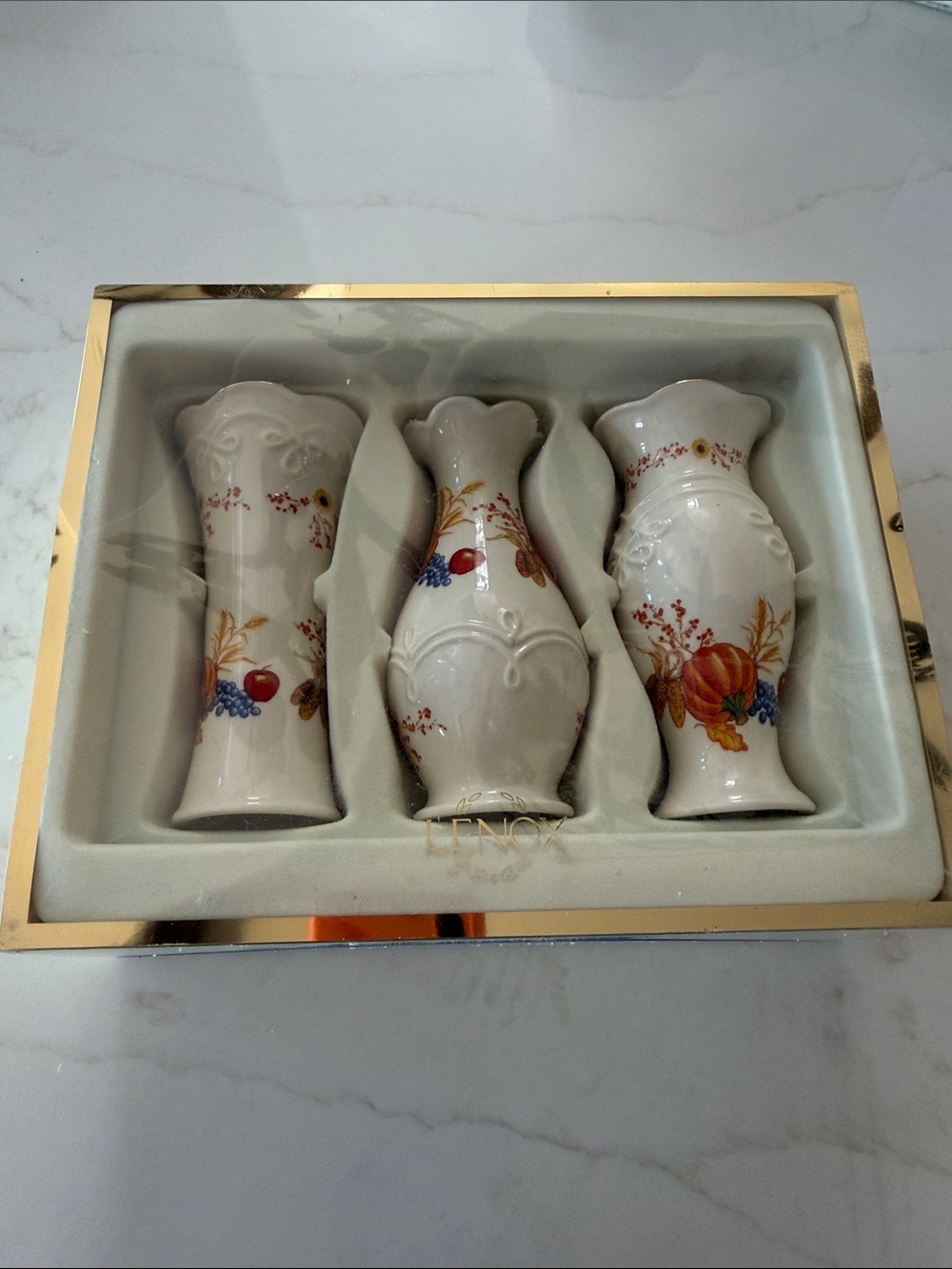 Lenox White Porcelain Mini Vase Set with Autumn Fruit Motif
